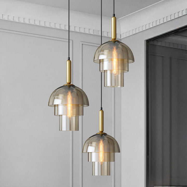 Lámpara colgante contemporánea nórdica de cúpula redonda con cilindro triple de hierro y vidrio de 1 luz para sala de estar 