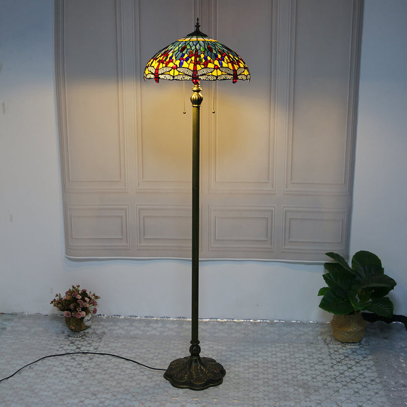 Tiffany Vintage Dragonfly Stained Glass Resin Dome 2-Light Standing Floor Lamp