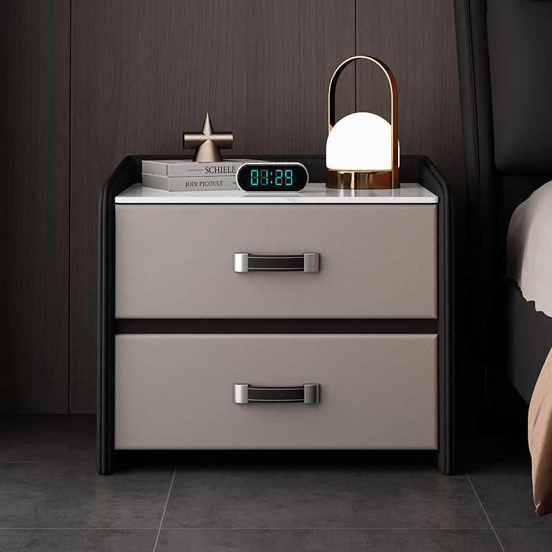 Modern Simplicity Rectangular Slab Saddle-Style Faux Leather Wood Nightstand 2-Drawer For Bedside