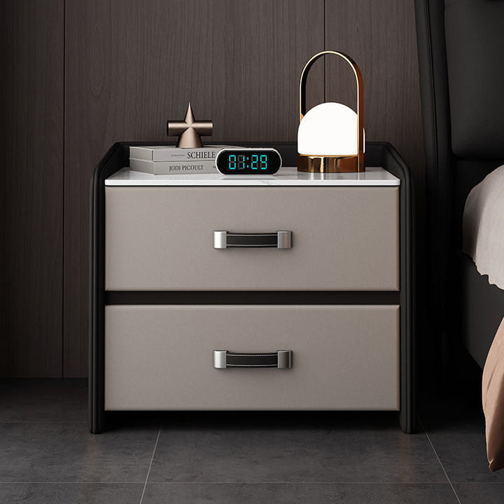 Modern Simplicity Rectangular Slab Saddle-Style Faux Leather Wood Nightstand 2-Drawer For Bedside