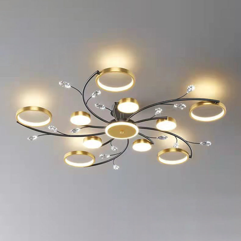 Moderne Luxus-Zweig Runde Hardware Eisen Acryl Kristall Silikon LED Semi-Flush Mount Deckenleuchte für Wohnzimmer 
