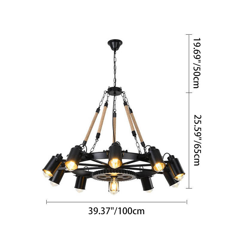 Zeitgenössischer industrieller Retro-Kronleuchter aus Schmiedeeisen und Hanfseil im Zahnrad-Design mit 7/9/11 Flammen für das Wohnzimmer 