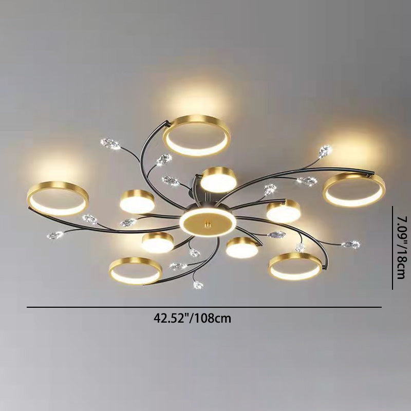 Moderne Luxus-Zweig Runde Hardware Eisen Acryl Kristall Silikon LED Semi-Flush Mount Deckenleuchte für Wohnzimmer 