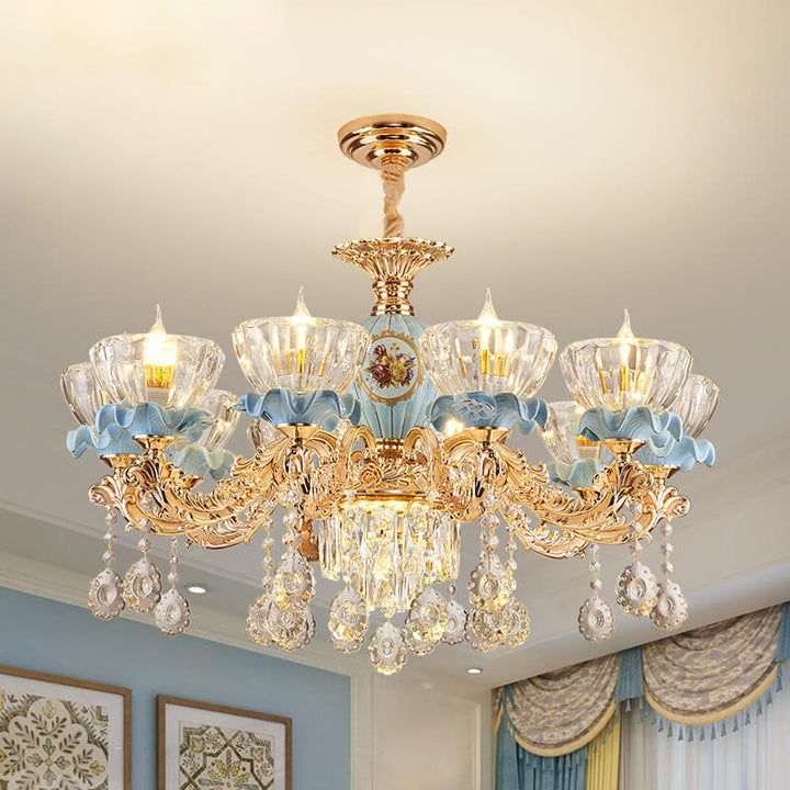 Traditional European Flower Candelabra Zinc Alloy Crystal Glass Ceramic 6/8/10/12-Light Chandelier For Living Room