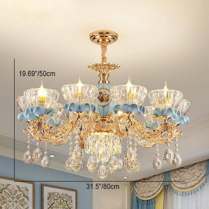 Traditional European Flower Candelabra Zinc Alloy Crystal Glass Ceramic 6/8/10/12-Light Chandelier For Living Room