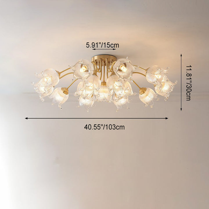 Traditional European Copper Glass Flower 5/12/15 Light Semi-Flush Mount Ceiling Light For Living Room