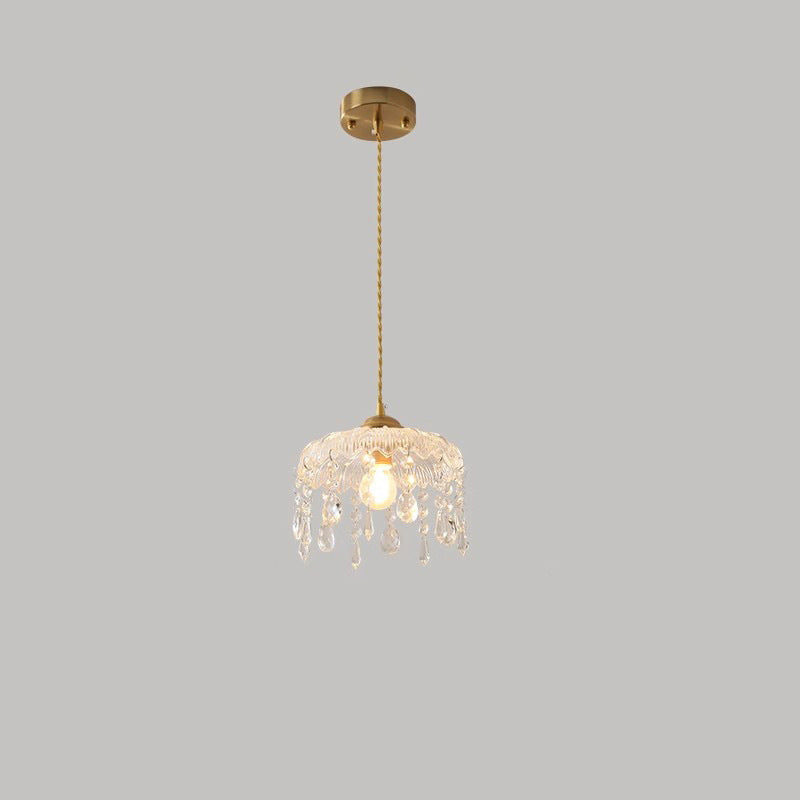 Traditionelle französische runde Pendelleuchte aus Eisen, Kupfer, Glas und Kristall, 1 Licht, für Schlafzimmer 