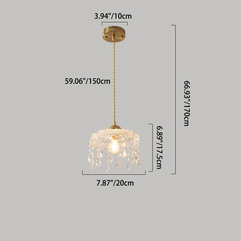 Traditionelle französische runde Pendelleuchte aus Eisen, Kupfer, Glas und Kristall, 1 Licht, für Schlafzimmer 
