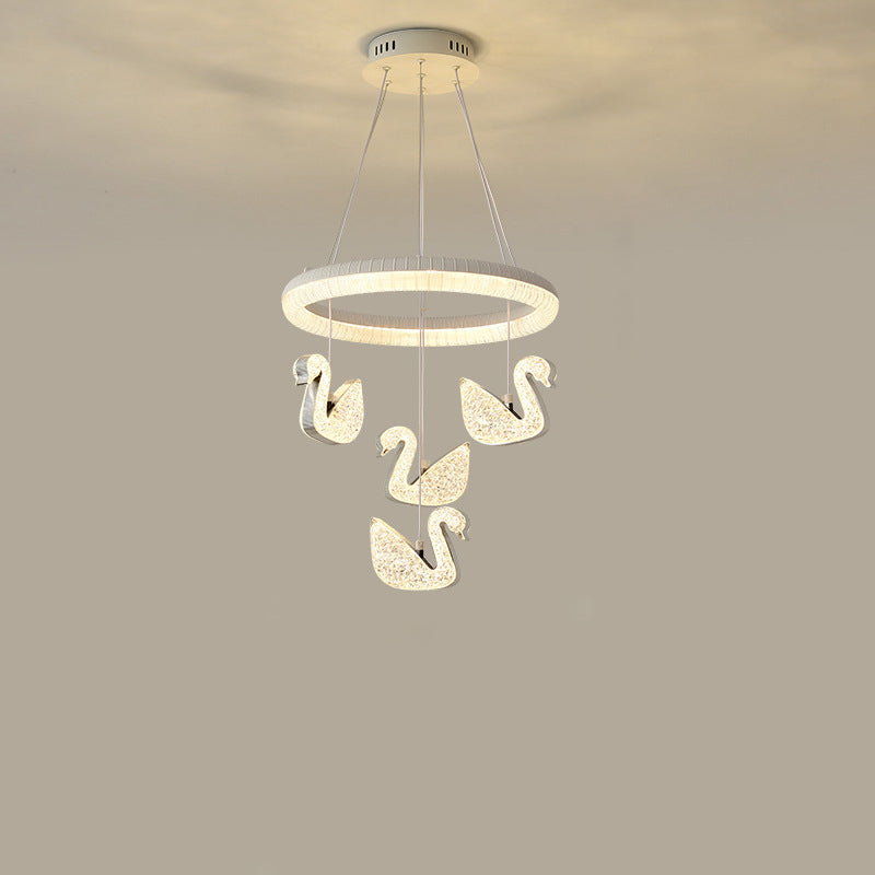 Zeitgenössischer Luxus-Kreis-Ring-Schatten-ABS-Schwan-Dekor-LED-Kronleuchter für Wohnzimmer 