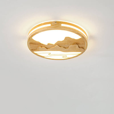 Modern Chinese Wooden Round Mountain Design LED Flush Mount Ceiling Light