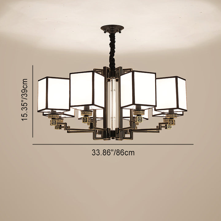 Traditional Chinese Iron Fabric Cubic Rectangular 3/6/8/10/12 Light Chandeliers For Living Room