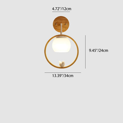 Contemporary Scandinavian Bird Round Wood Glass 1-Light Wall Sconce Lamp For Bedroom