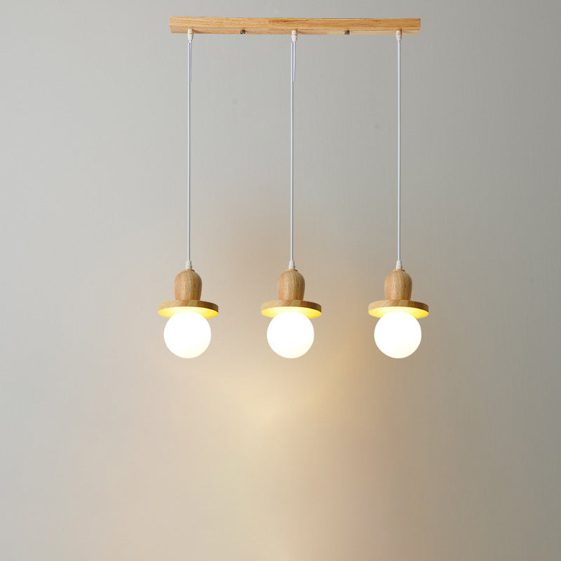 Lámpara de araña de isla de 1/3/5 luces con pantalla de vidrio de globo y marco lineal de madera tradicional japonesa para sala de estar 