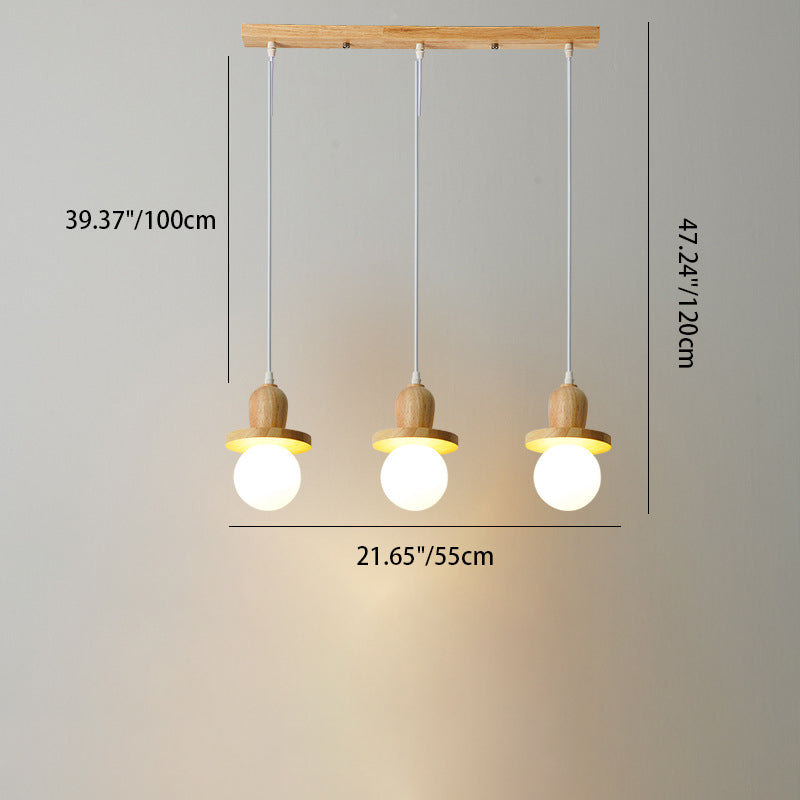 Lámpara de araña de isla de 1/3/5 luces con pantalla de vidrio de globo y marco lineal de madera tradicional japonesa para sala de estar 