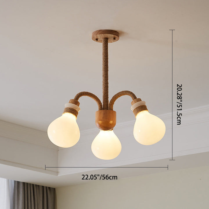Zeitgenössischer skandinavischer Kronleuchter mit gebogener Stange, Hanfseil, Massivholz und Glas, 3/5/6 Lichter für das Wohnzimmer 