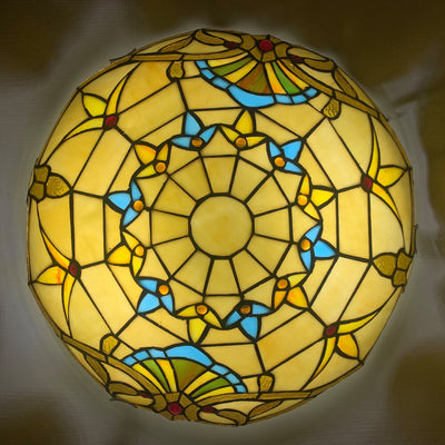 Traditional Tiffany Round Shell Bead Stained Glass 2-Light Flush Mount Ceiling Light For Hallway