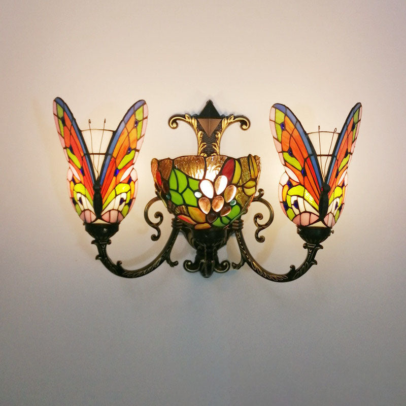 Traditional Tiffany European Butterfly Alloy Iron Glass 3-Light Wall Sconce Lamp For Hallway