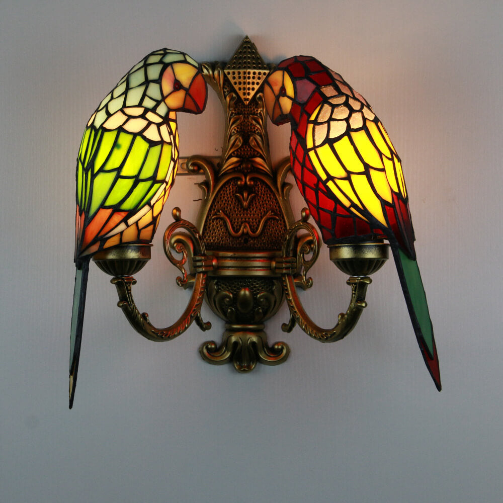 Tiffany Pastoral Doppelköpfige Papagei Buntglas 2-Licht Wandleuchte 
