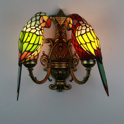 Tiffany Pastoral Double-Headed Parrot Stained Glass 2-Light Wall Sconce Lamp