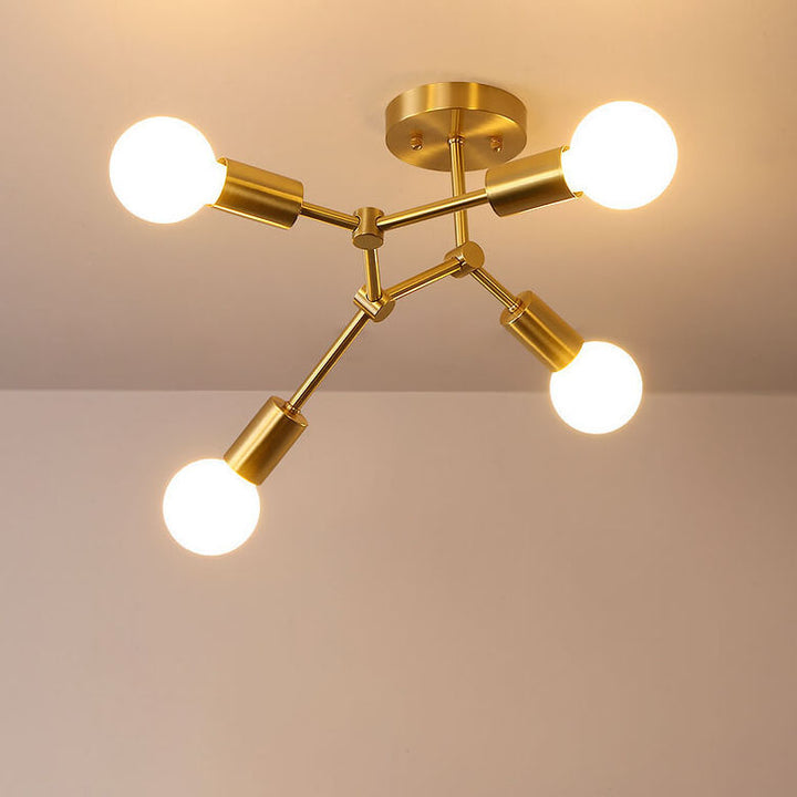 Contemporary Industrial Exposed Bulb Copper Branch 3/4 Light Semi-Flush Mount Ceiling Light For Living Room