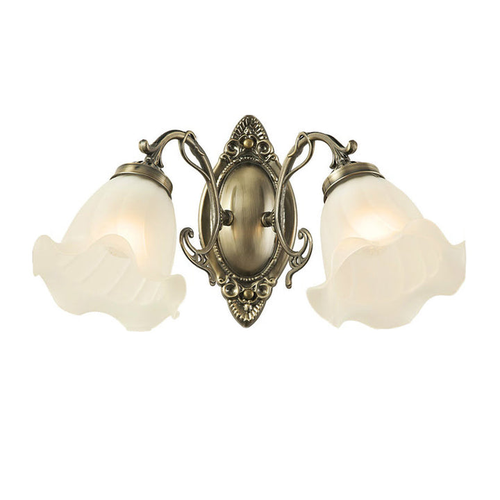 Traditionelle europäische Eisenglas-Blumen-2-Licht-Wandleuchter-Lampe für Wohnzimmer 