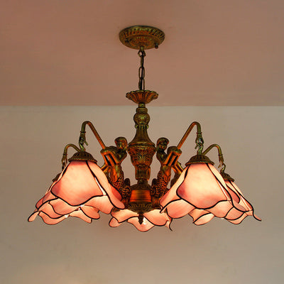 Araña de hierro con vidrio floral tradicional Tiffany de 3/5 luces para sala de estar 