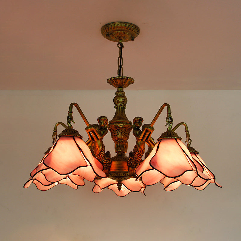 Araña de hierro con vidrio floral tradicional Tiffany de 3/5 luces para sala de estar 