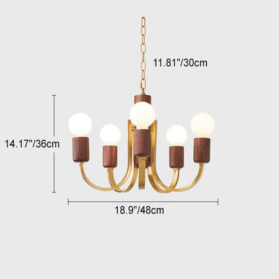 Zeitgenössischer Vintage-Kronleuchter mit gebogener Stange, Zylinder, Kerzenständer-Form, Kupfer, Holz, 3/4/5 Lichter, für Wohnzimmer 