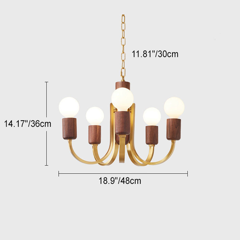 Zeitgenössischer Vintage-Kronleuchter mit gebogener Stange, Zylinder, Kerzenständer-Form, Kupfer, Holz, 3/4/5 Lichter, für Wohnzimmer 