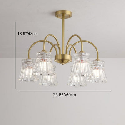 Zeitgenössische Retro gebogene Stange Blume Tasse Kupfer Glas 3/5/6 Licht Kronleuchter für Wohnzimmer 
