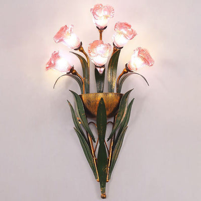Zeitgenössische kreative Tulpen-Milchglas-Schirm-Eisen-Rahmen 6-Licht-Wandleuchte Lampe für Wohnzimmer 