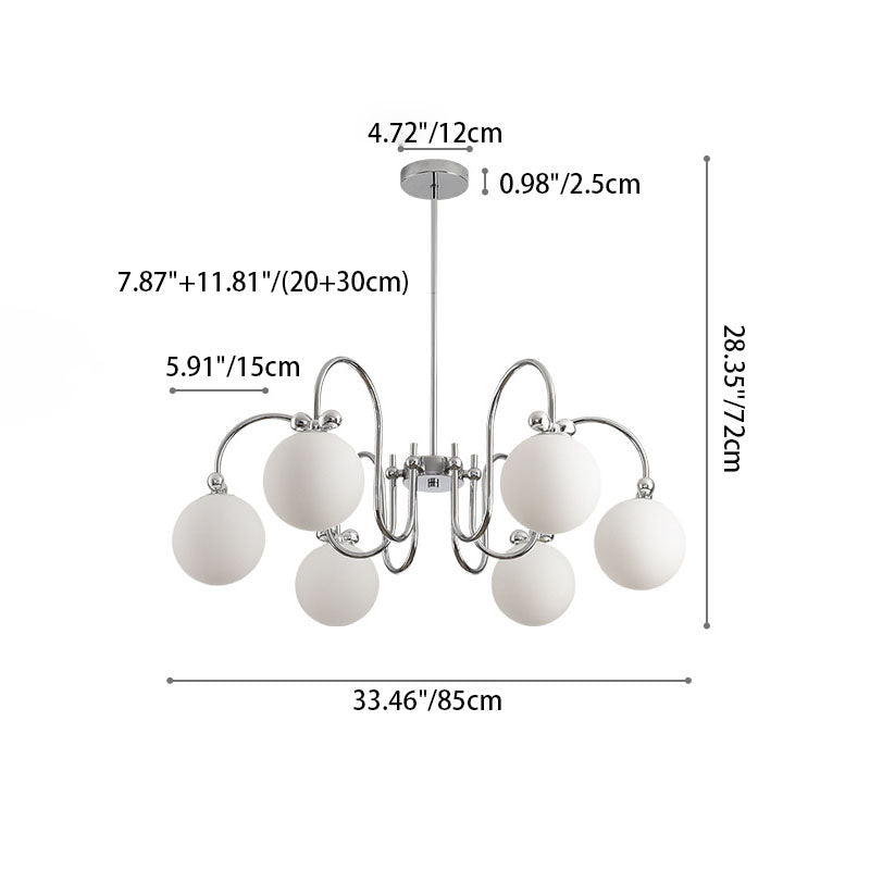 Contemporary Scandinavian Orb Bow Curved Rod Iron Glass 3/5/6 Light Chandelier For Living Room