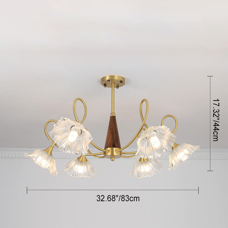 Lámpara de araña tradicional vintage de vidrio floral, madera y cobre con ramas de cristal de 3/6/8 luces para sala de estar 