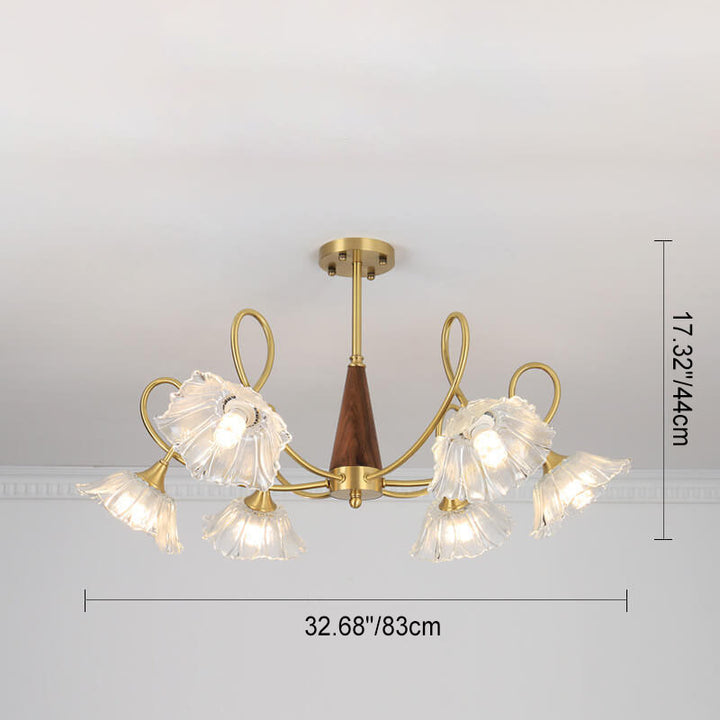 Lámpara de araña tradicional vintage de vidrio floral, madera y cobre con ramas de cristal de 3/6/8 luces para sala de estar 