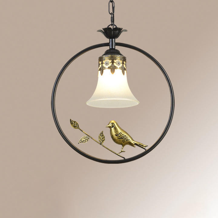 Traditionelle Vintage Eisenring Vogel Dekor Blume Glasschirm 1-Licht Pendelleuchte für Wohnzimmer 