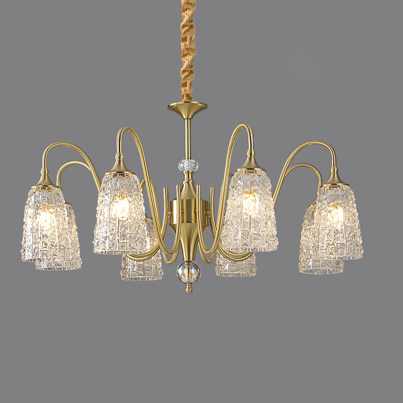 Chandelier traditionnel français à cadre entièrement en cuivre avec abat-jour en verre ondulé 5/6/8/10 lumières pour salon 