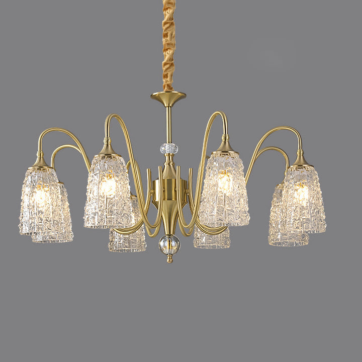 Chandelier traditionnel français à cadre entièrement en cuivre avec abat-jour en verre ondulé 5/6/8/10 lumières pour salon 