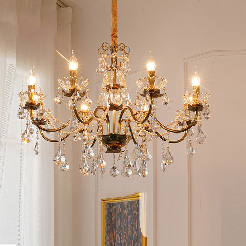 Candelabro de Flores de Hierro y Cristal Francés Tradicional de 3/6/8 Luces para Sala de Estar 