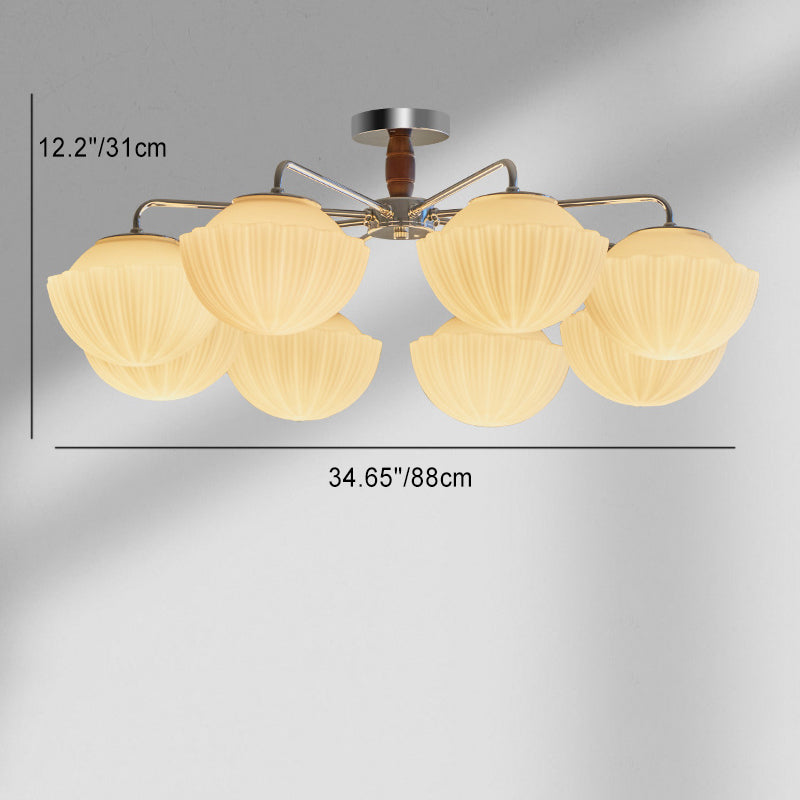 Plafonnier semi-encastré à 3/5/8 lumières avec bol traditionnel français en fer cannelé, bois et verre pour salon 