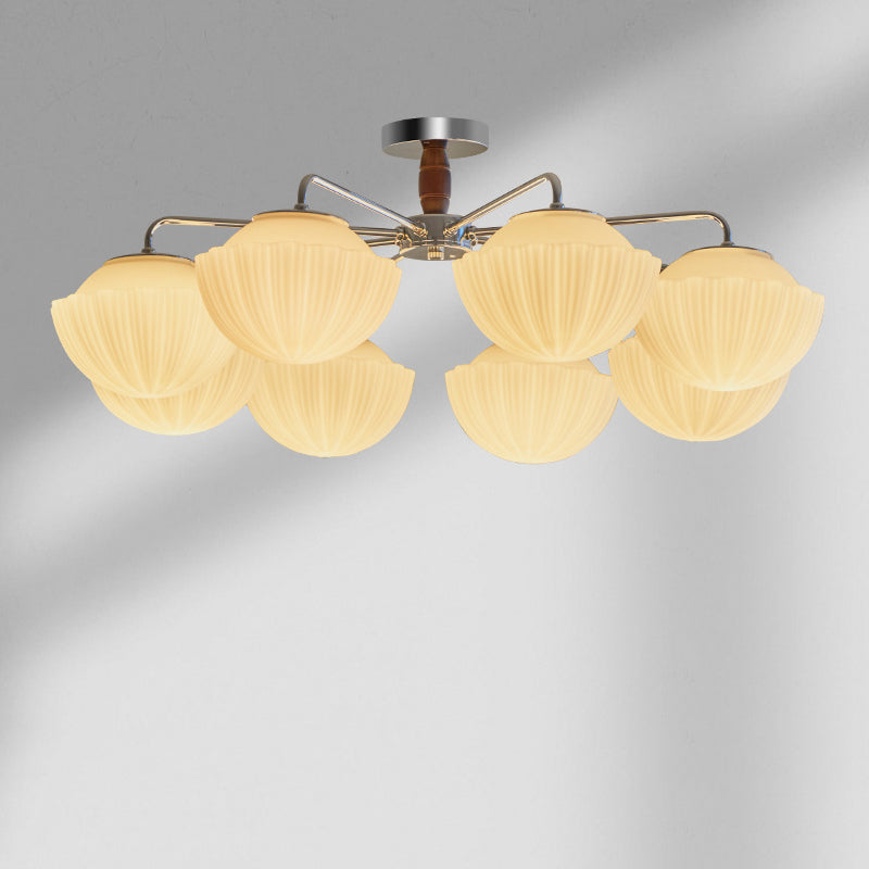 Traditionelle französische Schüssel geripptes Eisen Holz Glas 3/5/8 Licht Halbbündige Deckenleuchte für Wohnzimmer 