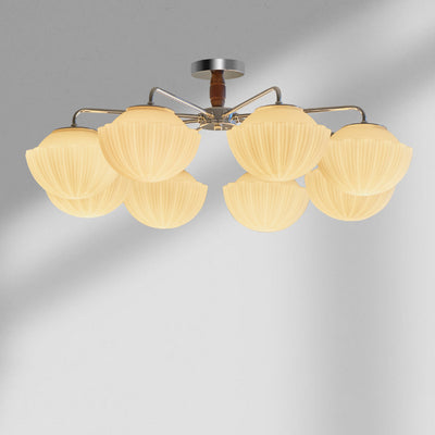Plafonnier semi-encastré à 3/5/8 lumières avec bol traditionnel français en fer cannelé, bois et verre pour salon 