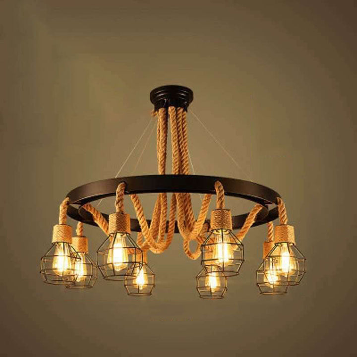 Traditional Rustic Hemp Rope Weaving Iron Cage 6/8-Light Chandelier For Dining Room