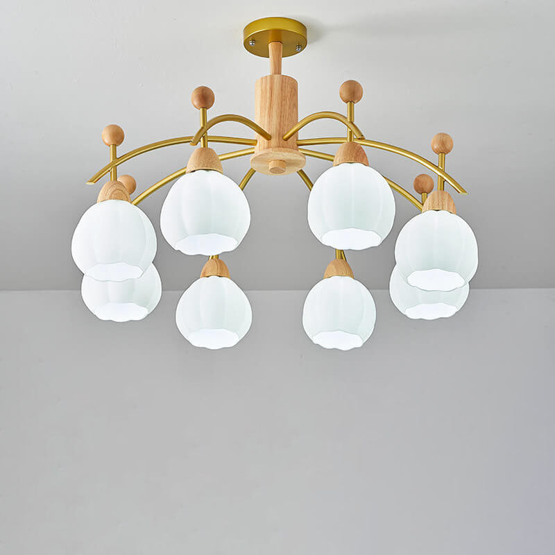 Traditioneller japanischer Eisenholzrahmen Rundglas-Schirm 6/8/10-Licht Kronleuchter für Wohnzimmer 
