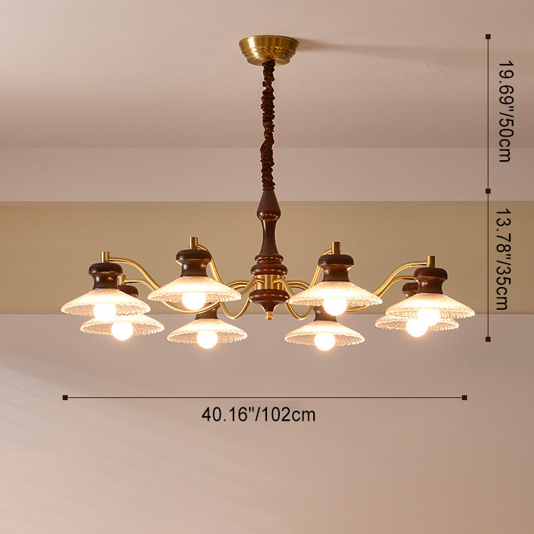 Lustres ronds en laiton vintage traditionnel, fer, bois de frêne, verre, à 3/6/8 lumières pour salle à manger 