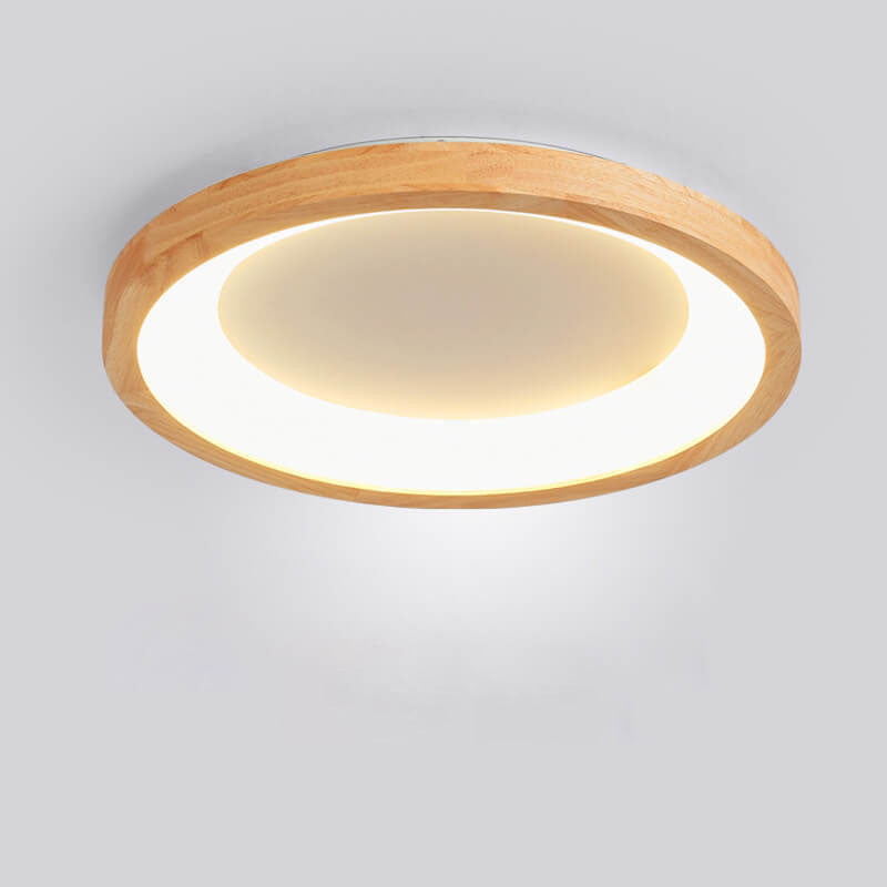 Contemporary Scandinavian Rubberwood Acrylic Log Circle Design LED Flush Mount Ceiling Light For Living Room