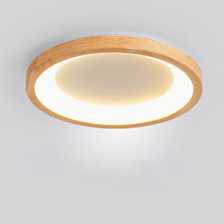Contemporary Scandinavian Rubberwood Acrylic Log Circle Design LED Flush Mount Ceiling Light For Living Room