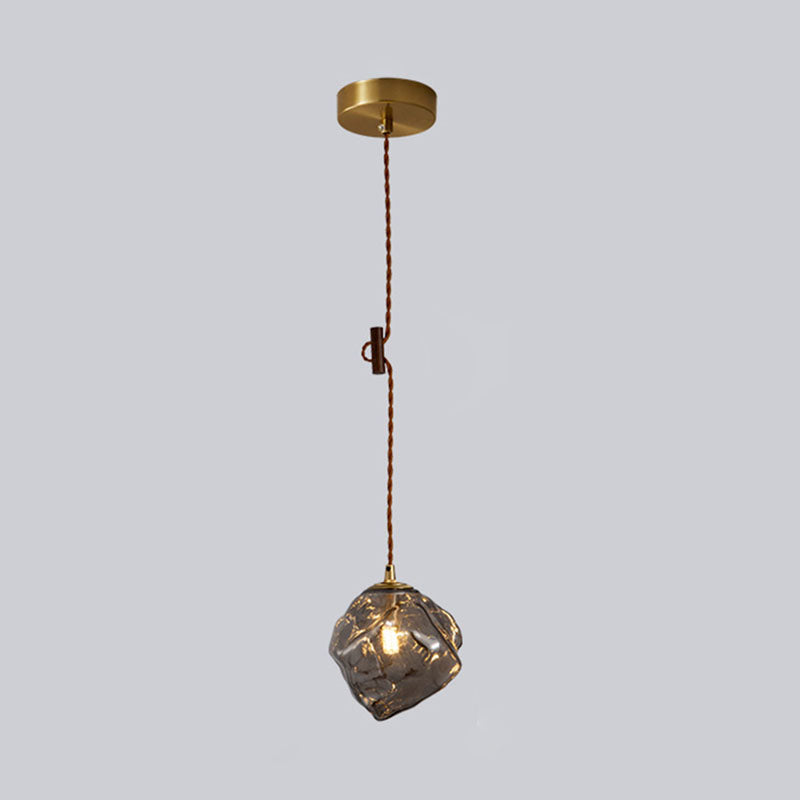 Traditional Vintage Irregular Ice Cube Shape Glass Aluminum Wood 1-Light Pendant Light For Living Room