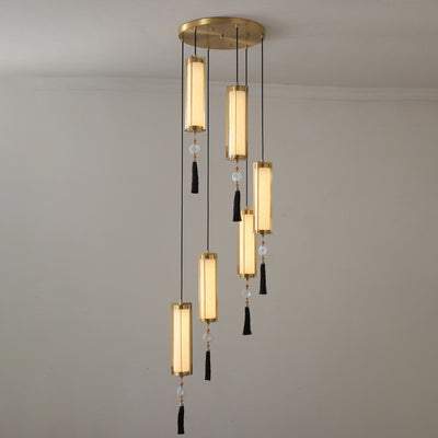 Traditional Chinese Copper Glass Cylinder Elliptical Hollow 1/3/6 Light Chandelier For Entryway