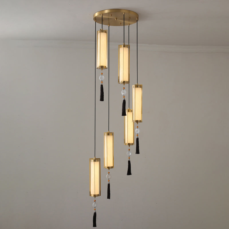 Traditional Chinese Copper Glass Cylinder Elliptical Hollow 1/3/6 Light Chandelier For Entryway