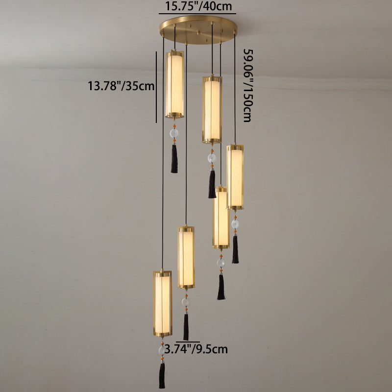 Traditional Chinese Copper Glass Cylinder Elliptical Hollow 1/3/6 Light Chandelier For Entryway